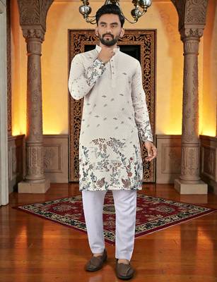  cream crochet embroidered  men's rayon kurta  1