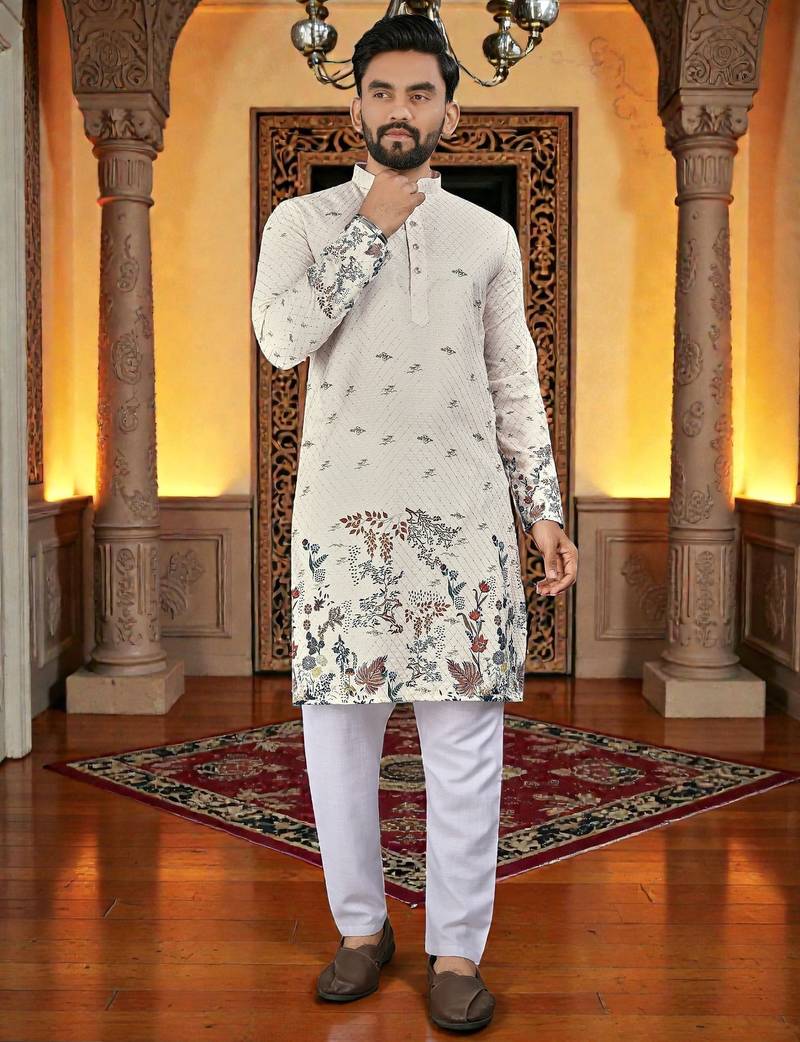  cream crochet embroidered  men's rayon kurta 