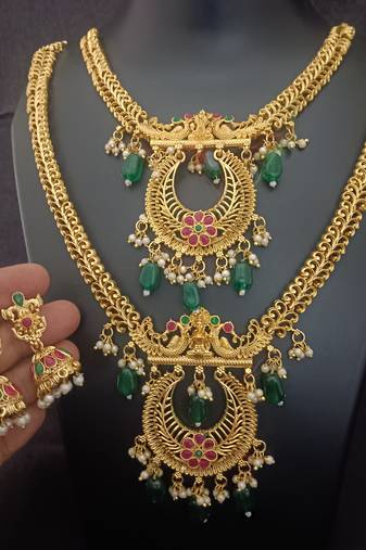 Gold plated pink green south indian bridal jewellery set