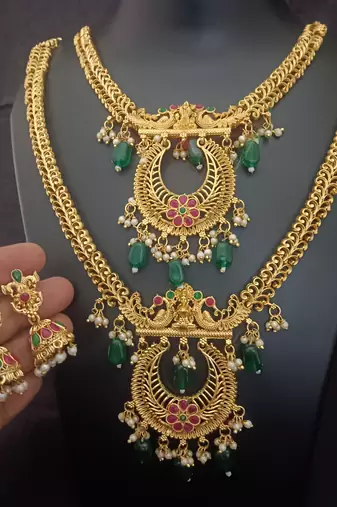 Gold plated pink green south indian bridal jewellery set