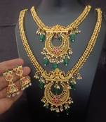 Gold plated pink green south indian bridal jewellery set