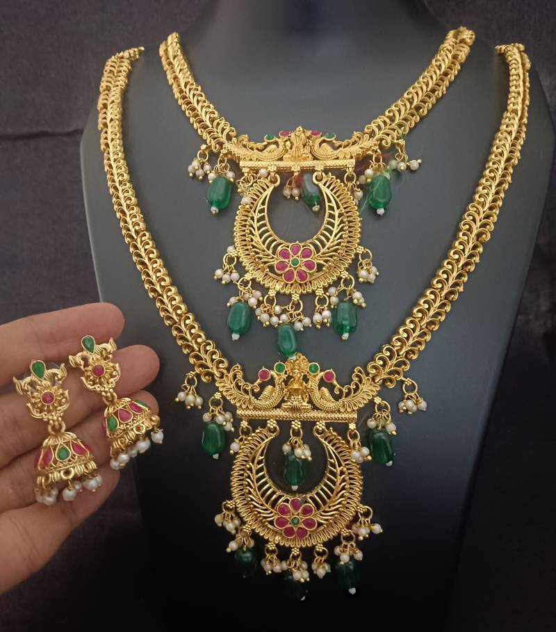 Gold plated pink green south indian bridal jewellery set