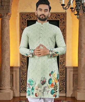  green crochet embroidered  men's rayon kurta  1