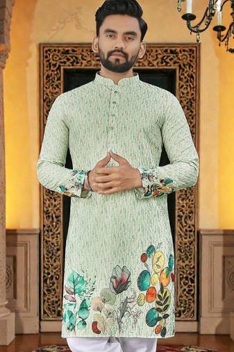  green crochet embroidered  men's rayon kurta 
