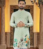  green crochet embroidered  men's rayon kurta 