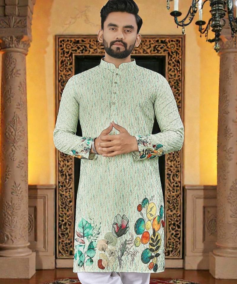  green crochet embroidered  men's rayon kurta 