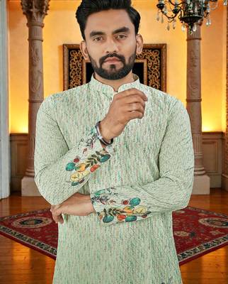  green crochet embroidered  men's rayon kurta  2