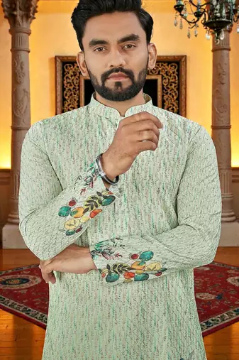  green crochet embroidered  men's rayon kurta 