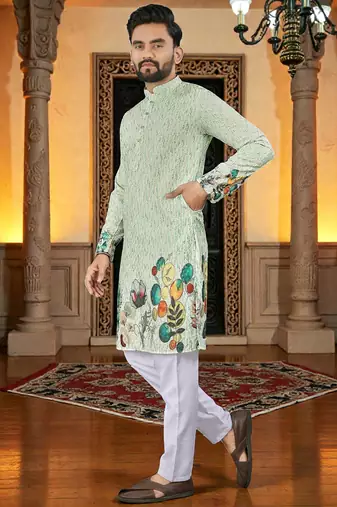  green crochet embroidered  men's rayon kurta 