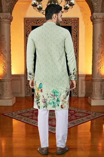  green crochet embroidered  men's rayon kurta 
