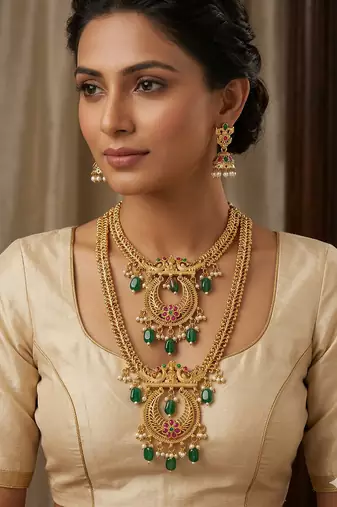 Gold plated pink green south indian bridal jewellery set