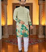  yellow crochet embroidered  men's rayon kurta 