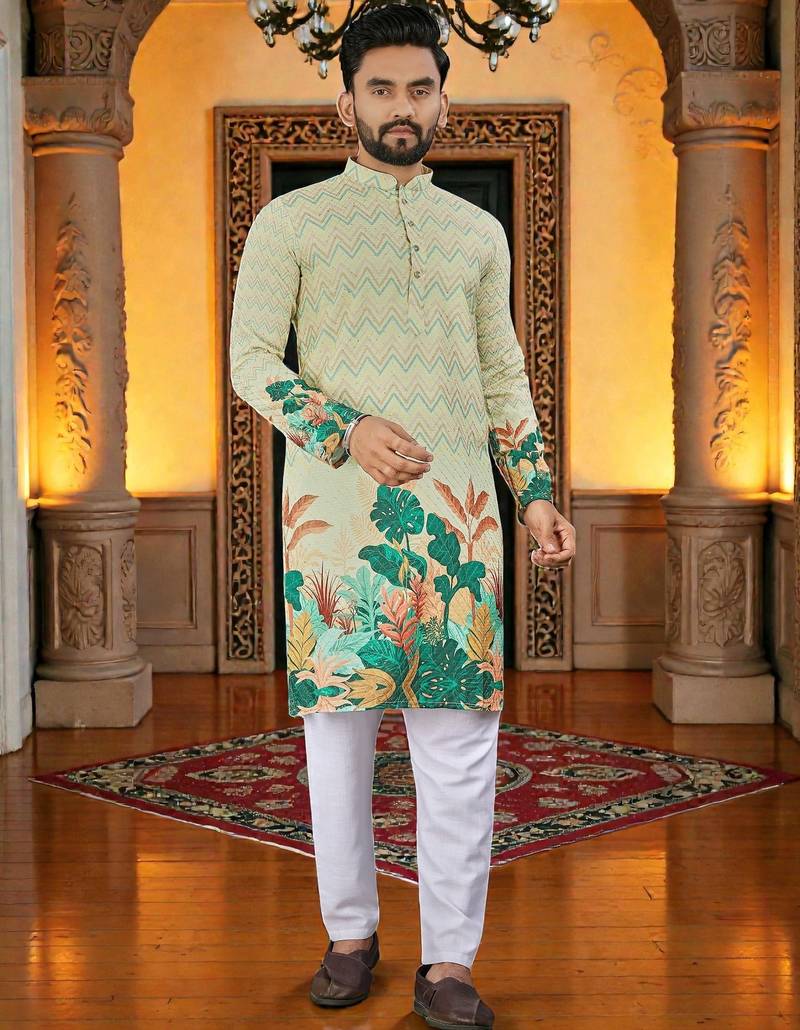  yellow crochet embroidered  men's rayon kurta 