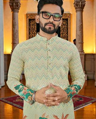  yellow crochet embroidered  men's rayon kurta  2