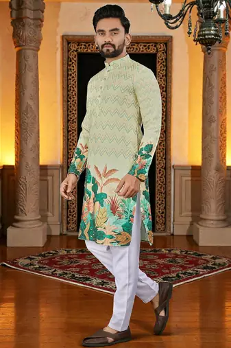  yellow crochet embroidered  men's rayon kurta 