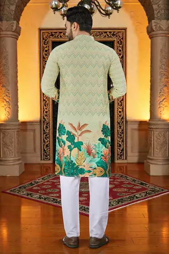  yellow crochet embroidered  men's rayon kurta 