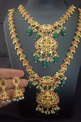 Gold plated pink green goddess lakshmi south indian bridal jewellery set-1
