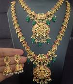 Gold plated pink green goddess lakshmi south indian bridal jewellery set-1