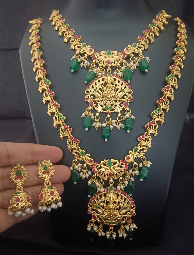 Gold plated pink green goddess lakshmi south indian bridal jewellery set-1