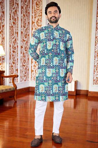 Blue -digital schifli embroidered  men's rayon kurta 
