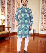 Blue -digital schifli embroidered  men's rayon kurta 