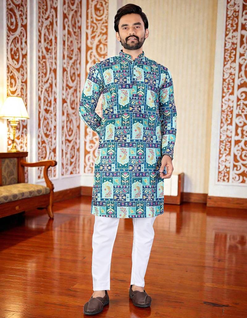 Blue -digital schifli embroidered  men's rayon kurta 