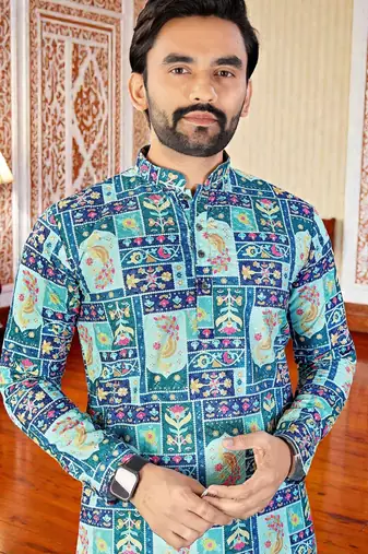 Blue -digital schifli embroidered  men's rayon kurta 