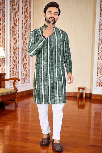 Green -digital schifli embroidered  men's rayon kurta 