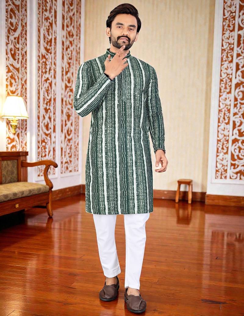 Green -digital schifli embroidered  men's rayon kurta 