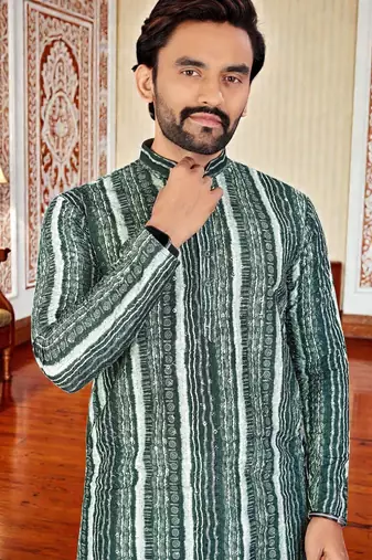 Green -digital schifli embroidered  men's rayon kurta 