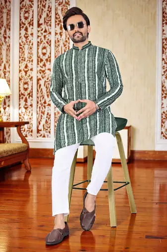 Green -digital schifli embroidered  men's rayon kurta 