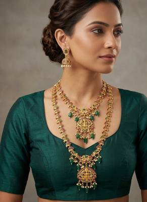 Gold plated pink green goddess lakshmi south indian bridal jewellery set-1 2