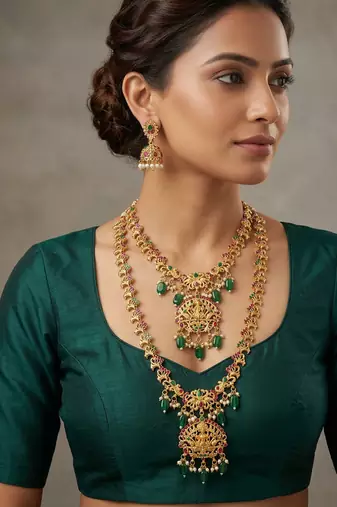 Gold plated pink green goddess lakshmi south indian bridal jewellery set-1