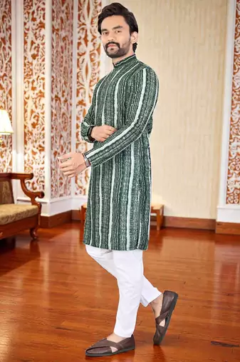 Green -digital schifli embroidered  men's rayon kurta 