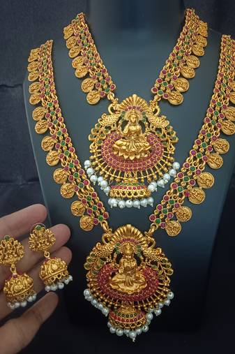 Matt finish pink green godeess lakshmi south indian bridal jewellery set