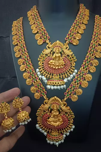 Matt finish pink green godeess lakshmi south indian bridal jewellery set