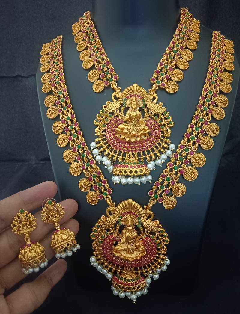 Matt finish pink green godeess lakshmi south indian bridal jewellery set