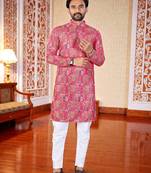 Pink -digital schifli embroidered  men's rayon kurta 