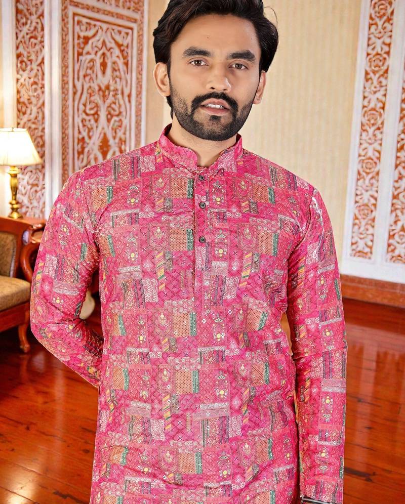 Pink -digital schifli embroidered  men's rayon kurta 