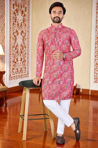 Pink -digital schifli embroidered  men's rayon kurta 