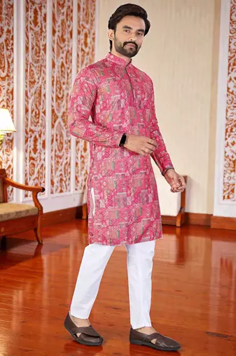 Pink -digital schifli embroidered  men's rayon kurta 