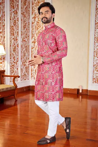 Pink -digital schifli embroidered  men's rayon kurta 