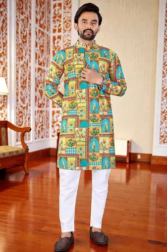 Multicolor -digital schifli embroidered  men's rayon kurta 