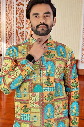 Multicolor -digital schifli embroidered  men's rayon kurta 