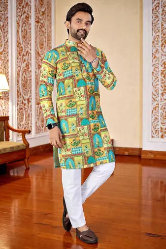 Multicolor -digital schifli embroidered  men's rayon kurta 