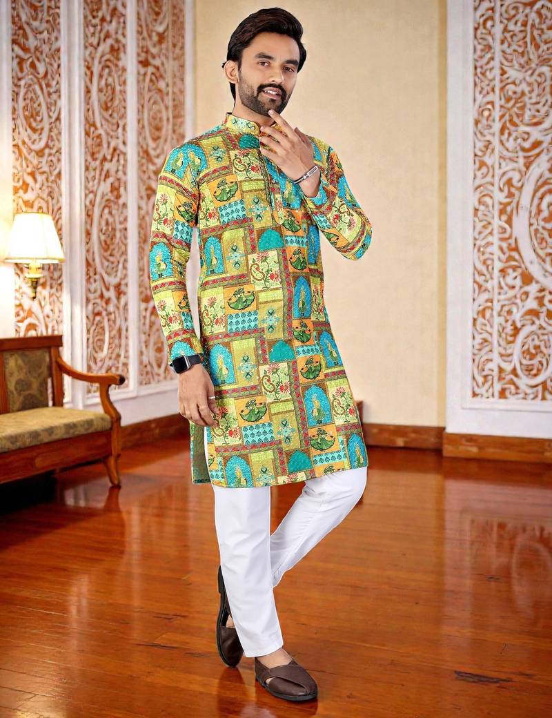 Multicolor -digital schifli embroidered  men's rayon kurta 