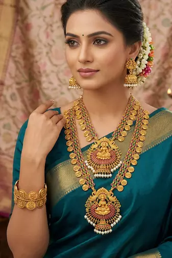 Matt finish pink green godeess lakshmi south indian bridal jewellery set