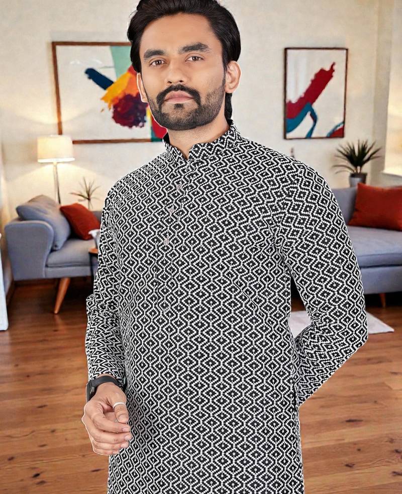  black chikankari embroidered  men's rayon kurta  