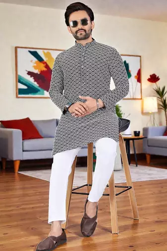  black chikankari embroidered  men's rayon kurta  