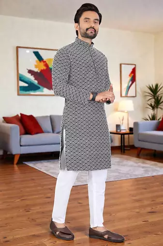  black chikankari embroidered  men's rayon kurta  
